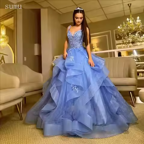 Moonlit Customized Evening Dresses Lace Prom Dress Multilayers Elegant Princess Gown Applique Party Gown فساتين مناسب