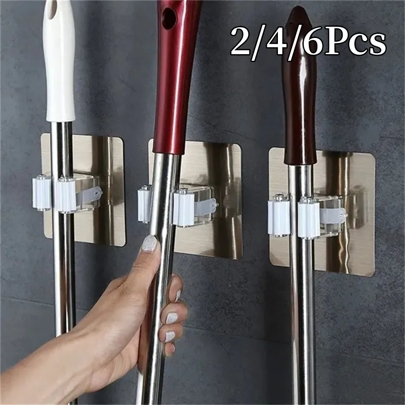 

2/4/6pcs Adhesive Multi-Purpose Hooks Wall Mounted Mop Organizer Holder Kitchen Bathroom Strong Hanger Hooks Home Accessories