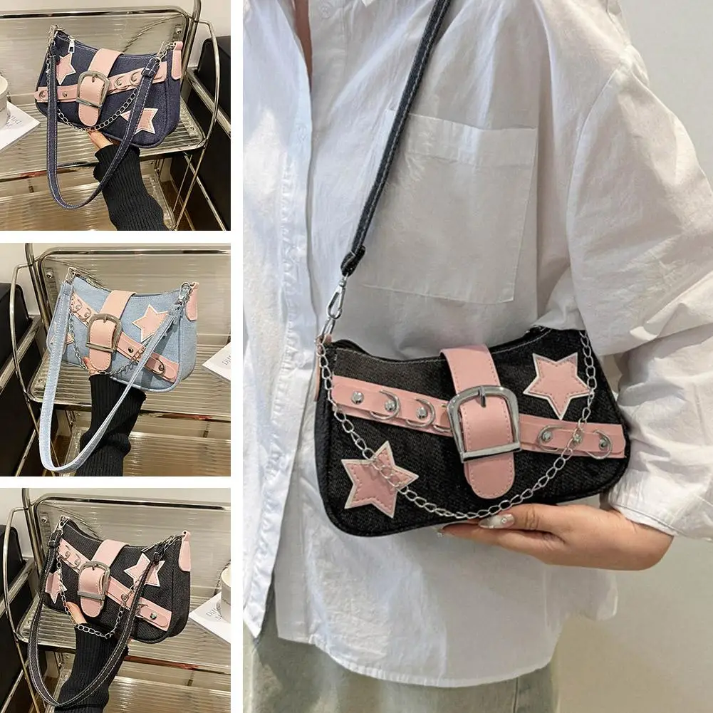 Mode Y2k Unterarmtasche Mini Handtaschen Sternmuster und Retro Nieten Umhängetasche Kleine quadratische Form Kette Pendeln Achseltasche – Detail 9