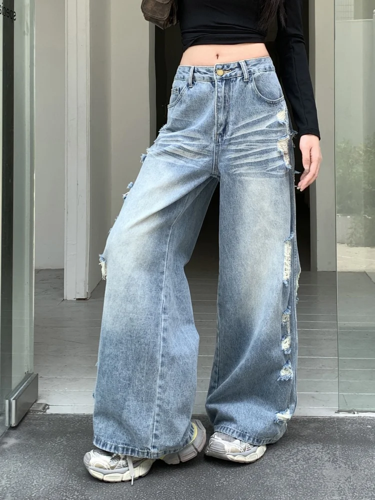 Loose Women's Jeans Denim Long Pants Washed Mid-Waist Micro-Elastic American Retro Hole Wide Leg Summer Trendy