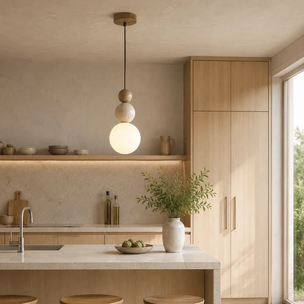 European Simple Wabi-Sabi Yellow Travertine LED Pendant Light for Bedside Bedroom Restaurant Bar Natural Stone Light Fixtures