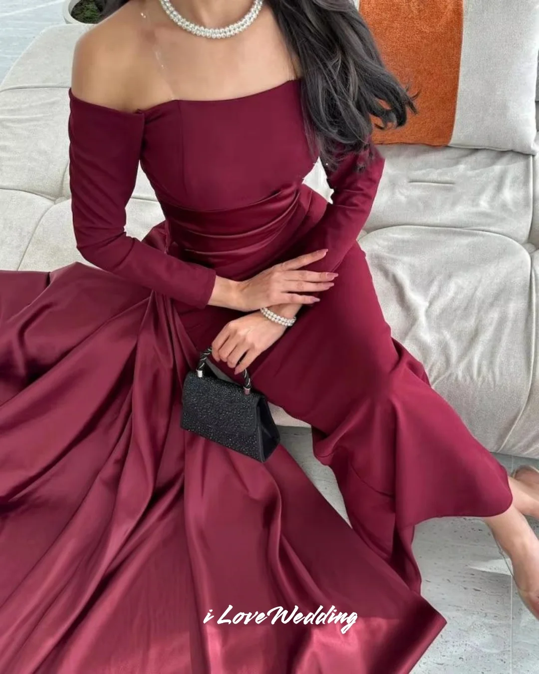 バーガンディ ストレス イブニングドレス 2025 オフショルダー 長袖 マーメイド スウィープトレイン ロング丈 ウェディング パーティー ドレス カスタムメイド