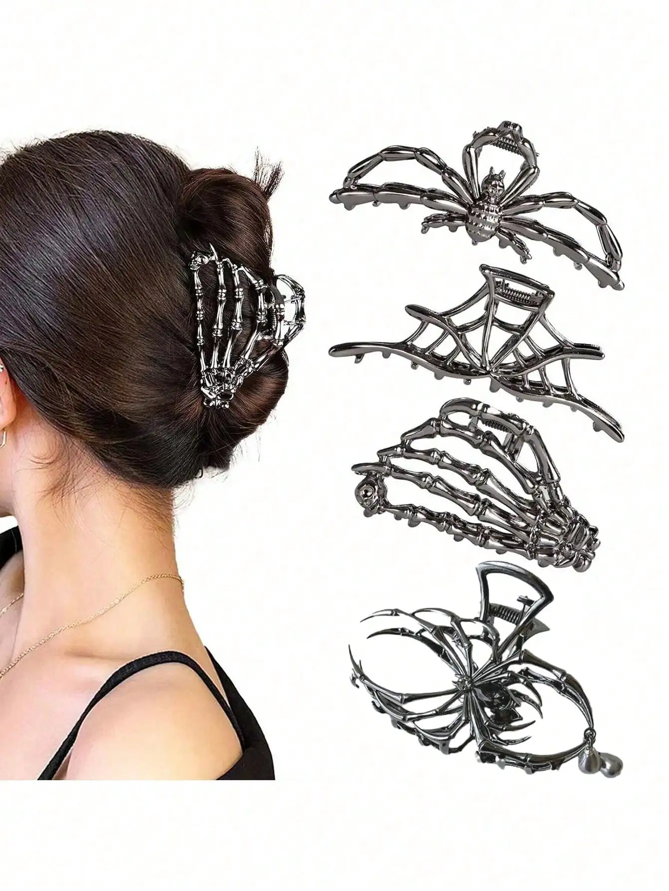 2pcs/1pc Unique Creative Dark Metal Skull Hair Clips,Punk Street Style Hair Claw Barrettes,Fashion Versatile Hair Accessories,sc2409195328543462