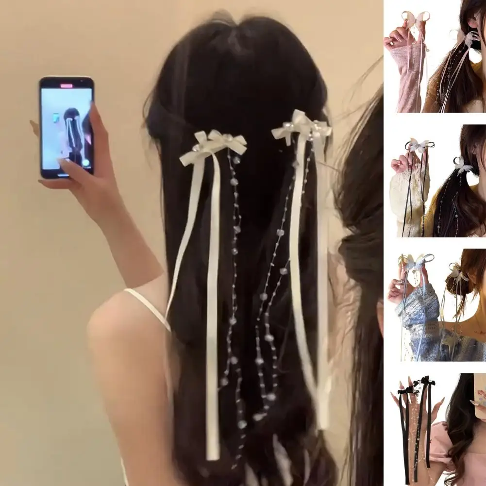 

Ribbon Glass Beaded Bow Tassel Hair Clip Women Korean Fashion Solid Color Hairpin Girls Party Headwear Side Clips