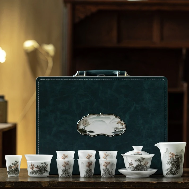 Tea set hand-painted landscape cover bowl teacup home office light luxury kung fu tea set gift