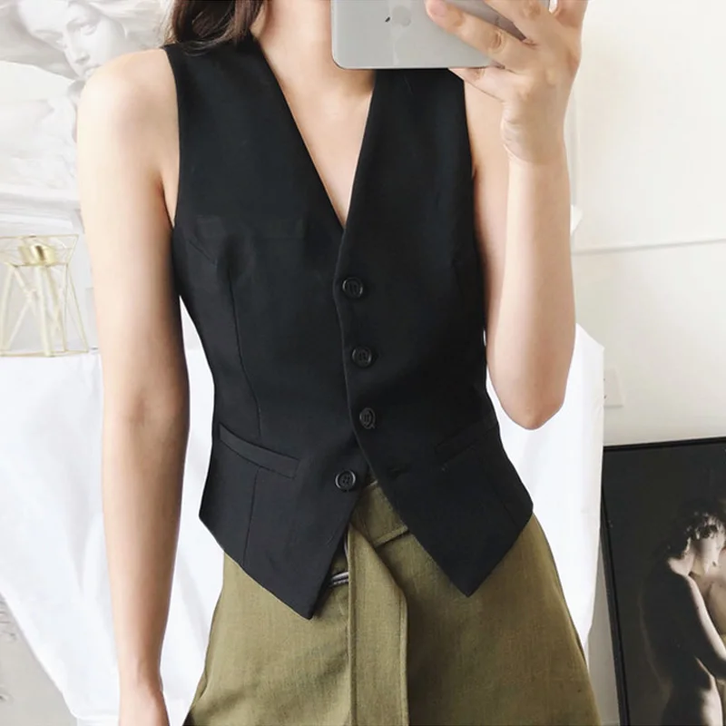 Spring Summer Women Vest Casual Slim Solid Color V-Neck Waistcoat Linen Sleeveless Coat Single Breasted OL Ladies Suit Vest Tops