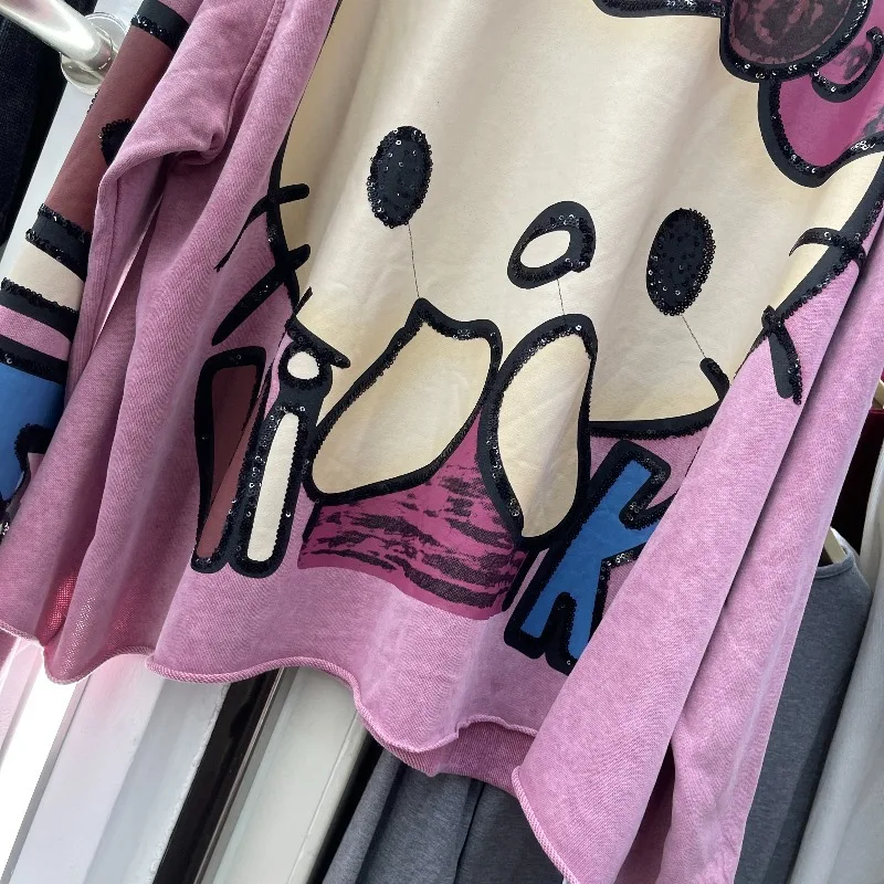 Autumn New Heavy Craft Versatile Cartoon Retro Distressed Style Sweatshirt Top Loose Mid-Length Oversized Jacket Sudaderas Mujer