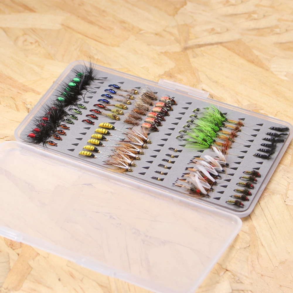 100-個ドライウェットハエスカッドニンフカディゼブラユスリカフライカディスシード大人のフライフィッシング餌ケーストラウト釣りフライフックルアー