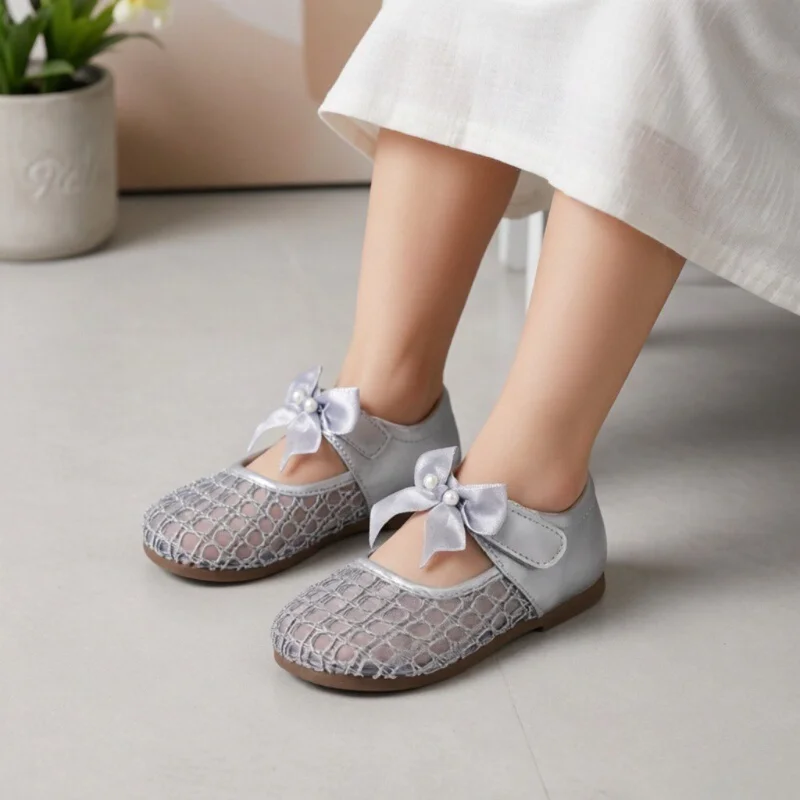 

Girls Mesh Through Net Princess Shoes Spring Children Baby Cute Bow Hollow Soft Sole Flats Sandals