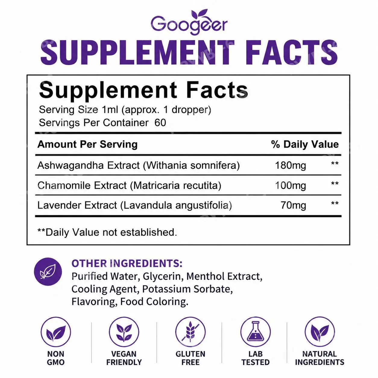 Googeer Relaxation Drops with Ashwagandha Chamomile & Lavender Extracts for Calm Mind and Quality Sleep Support, 60 Doses