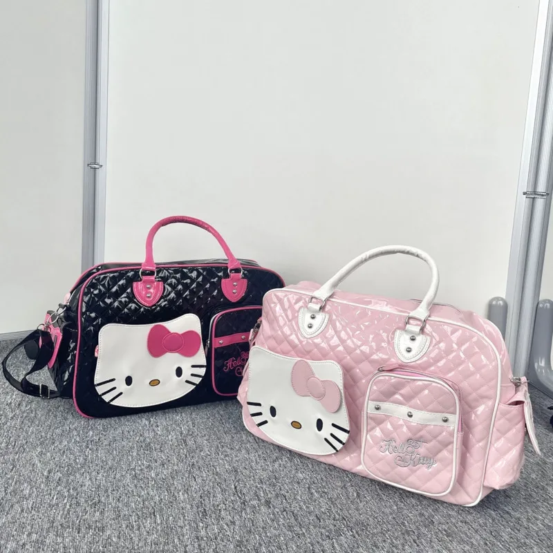 Sanrio Hello Kitty Y2k Black Handbags PU Leather Large Capacity Travel Tote Bags Casual Zipper Luggage Shoulder Bags For Women