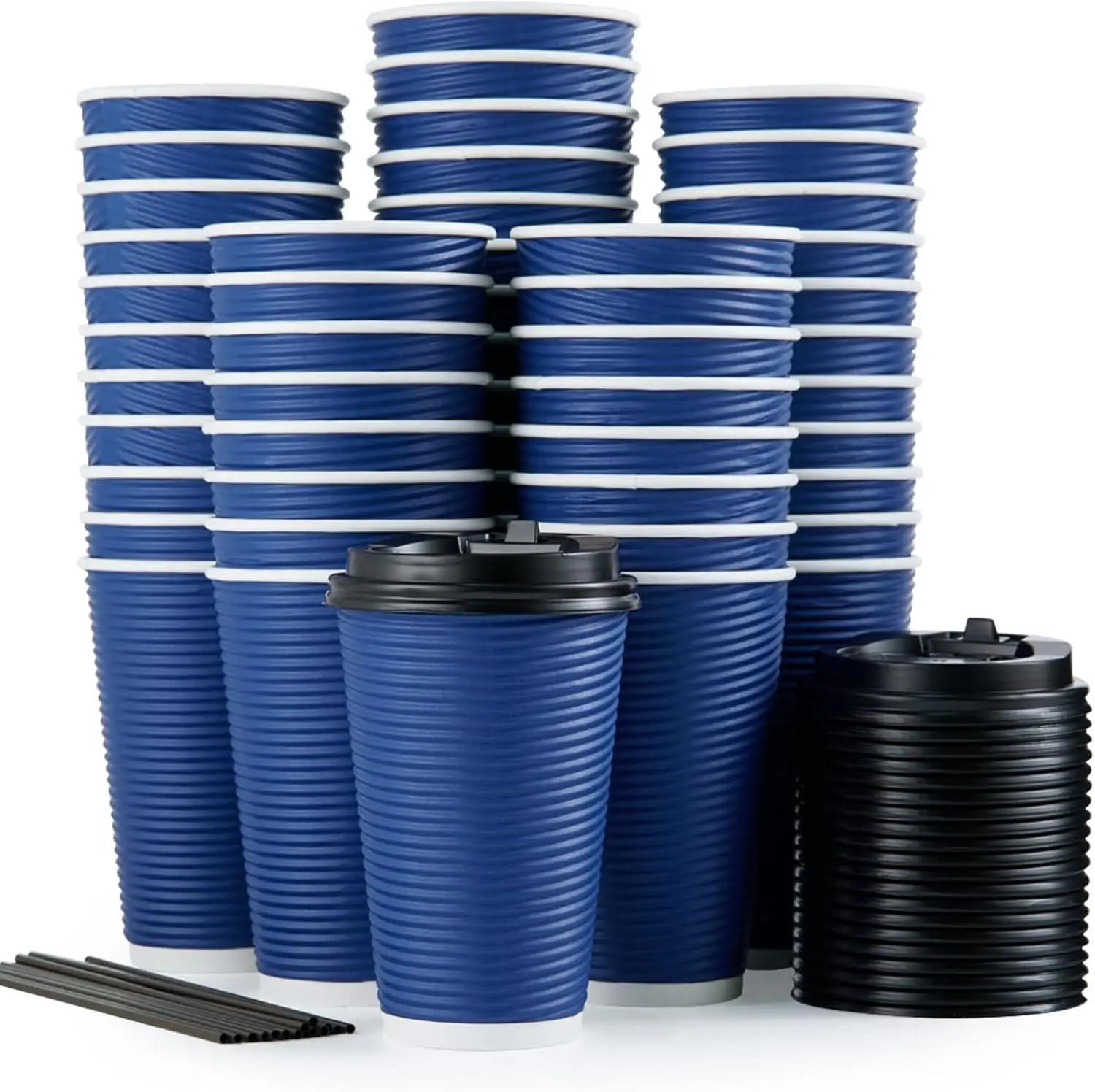 

80 Pack Insulated Ripple Wall 16 oz Disposable Paper Cups, Three Layer Insulated Hot Paper Coffee Cups with Lid and Stra