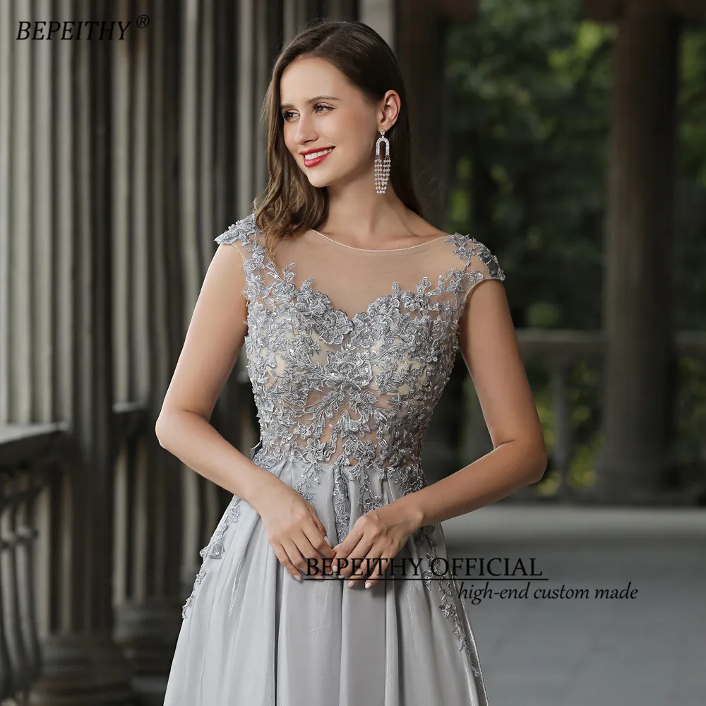 BEPEITHY Customized Gray Long Dresses For Women Party Wedding Evening Scoop Neck Cap Sleeves Party Gowns Vintage Prom Dress 2023