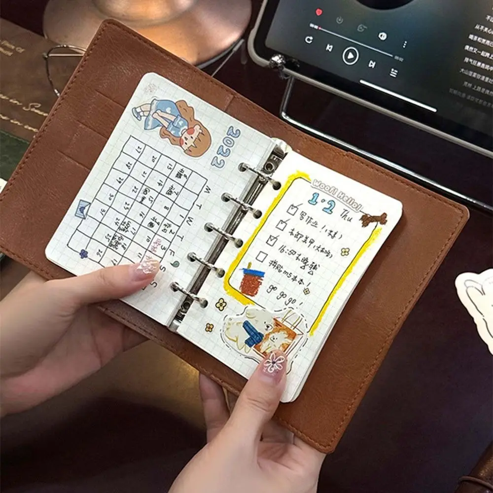Portable Loose-Leaf Notebook 5-Ring PU Leather Hardcover Work Record Book 80 Sheets with Calculator Binder Notepad