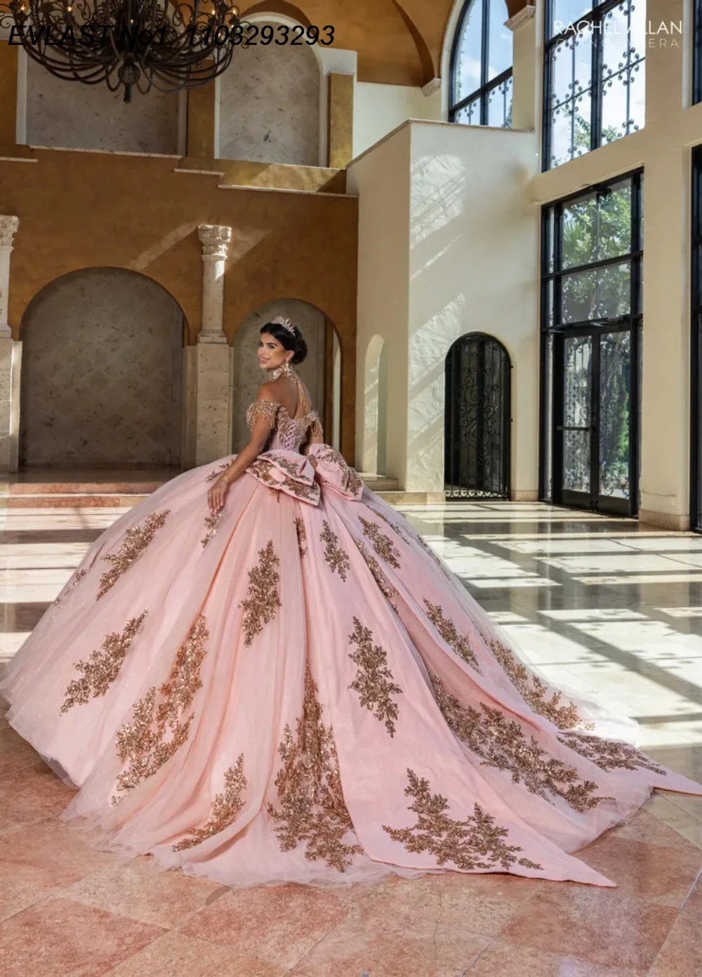 فستان Quinceanera وردي لامع مخصص من EVLAST فستان حفلة مزين بالدانتيل الذهبي مطرز بفيونكة حلوة 16 فيستدوس دي 15 أنوس E1QN766 #3