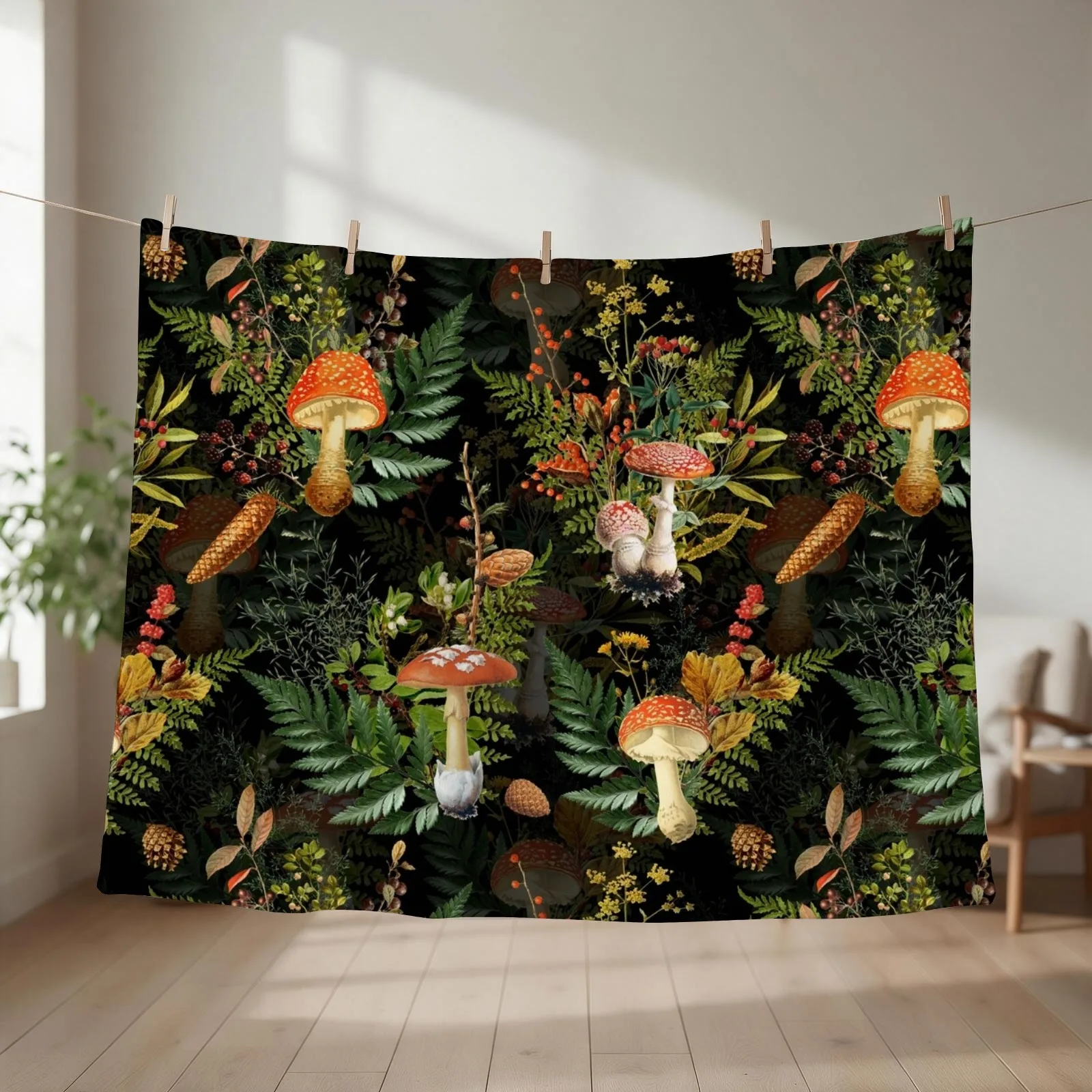 vintage toadstools in the forest on black Throw Blanket