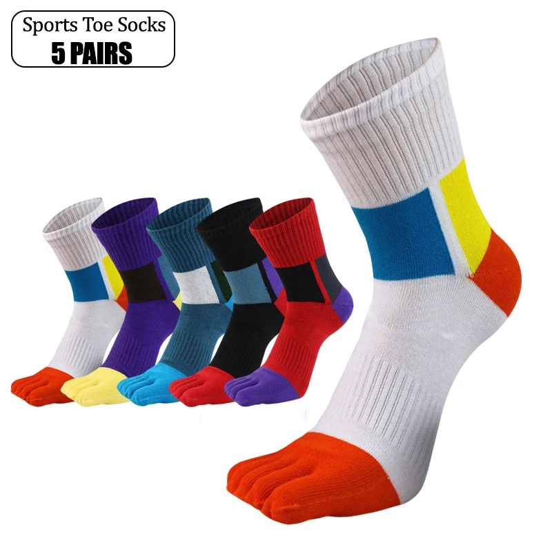 

5 Pairs Men Five Toe Athletic Crew Socks Cotton Breathable Moisture Wicking Antibacterial for Gym Pilates Outdoor Sports