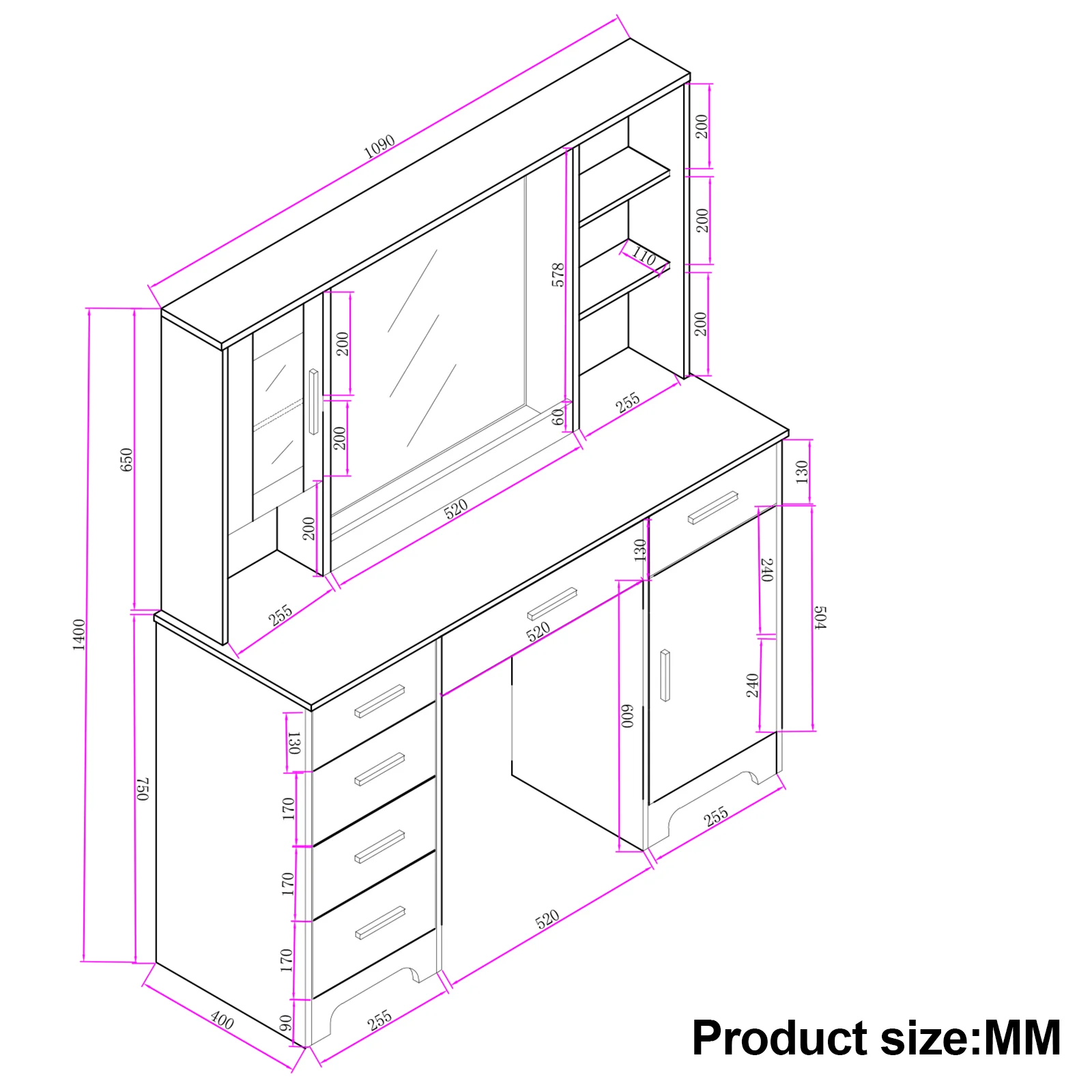 【صفقات 11.11، عروض الجمعة السوداء 2025】مكتب مكياج منضدة الزينة مع مرآة بإضاءة LED ودرج كبير للخزانة