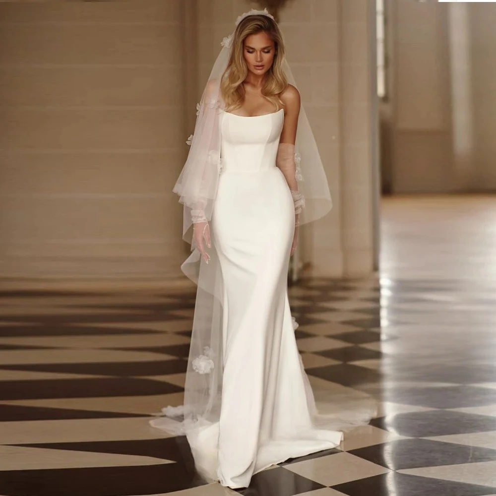 Simple Mermaid Wedding Dresses for Woman Bride Strapless Satin Pleat Zipper Robe De Mariée Personalized Customized