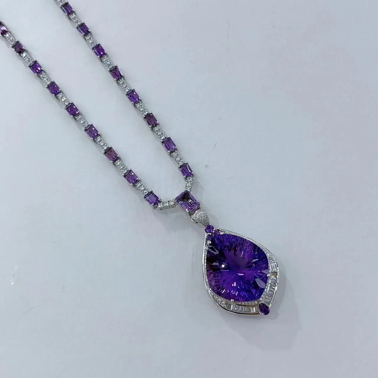 Amethyst Universal Necklace No Pendant, S925 Silver White Gold Plated Adjustable Chain