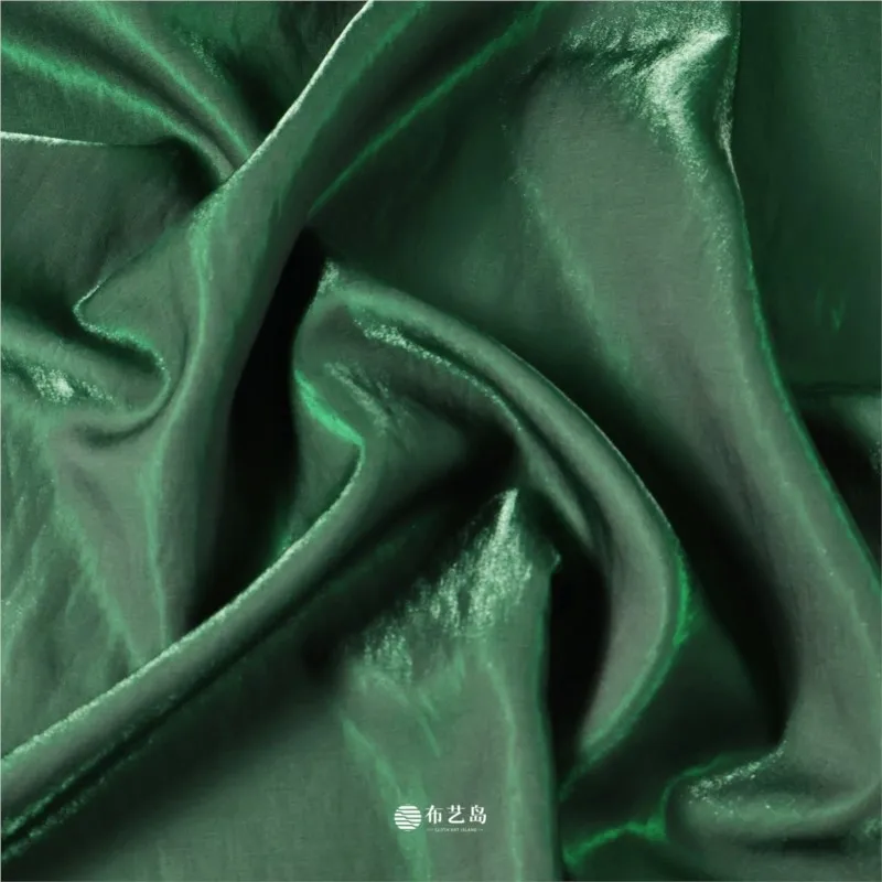Solid color woven green luster glassy silk linen satin fabric Chinese-style dress with pearl