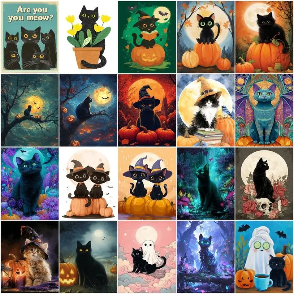 Paint By Numbers Frameless Art Stuff Acrylic Black Cat Halloween Gift Wall Decoration For Home Adults Crafts Modern