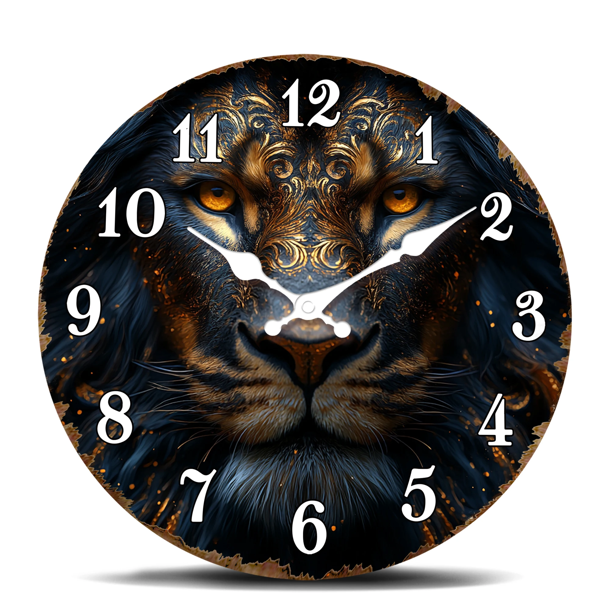 Majestätischer Löwe mit aufwendigen Mustern, runde Wanduhr, wildes Tierthema, geräuschlose analoge Quarz-Wanduhr für die Dekoration von Männerhöhlen