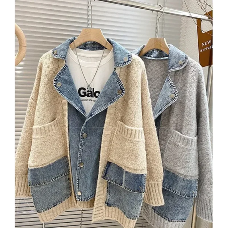 2024 Autumn Winter Retro Personality Stitching Denim Jacket Lazy Wind Knitted Sweater Cardigan Fashion Tide Comfortable Jacket