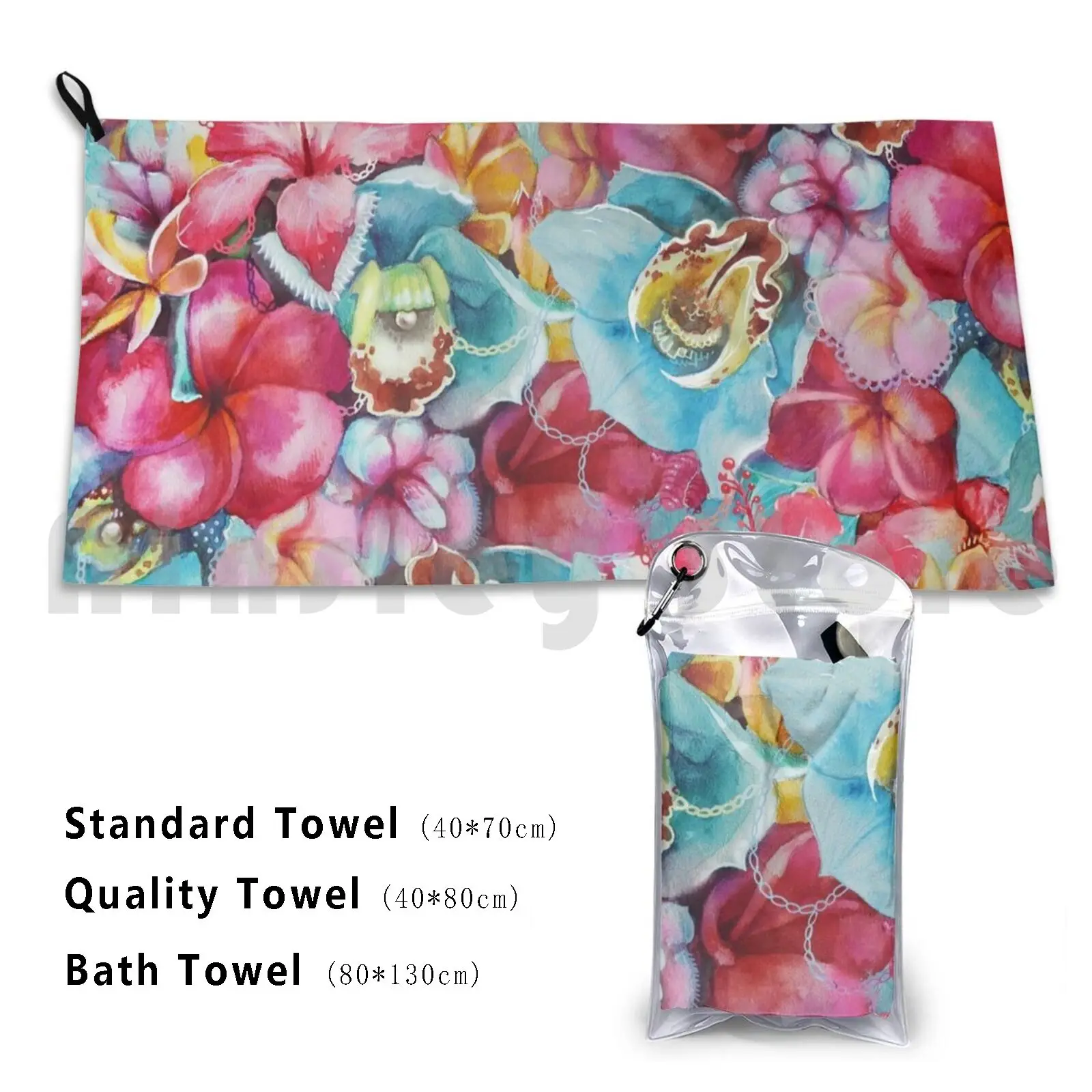 Hawaiian Bouquet Bath Towel Beach Cushion 2442 Hibiscus Orchid Plumeria Flowers Red Orange Pink Peony Peonies