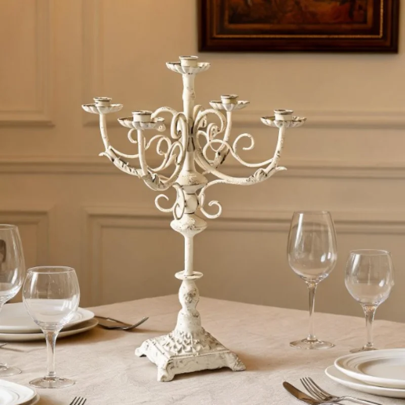 Vintage Candle Holders Stick French Distressed Iron Embossed Base 5‑Arm Candelabra Wedding Table Centerpieces Home Decoration