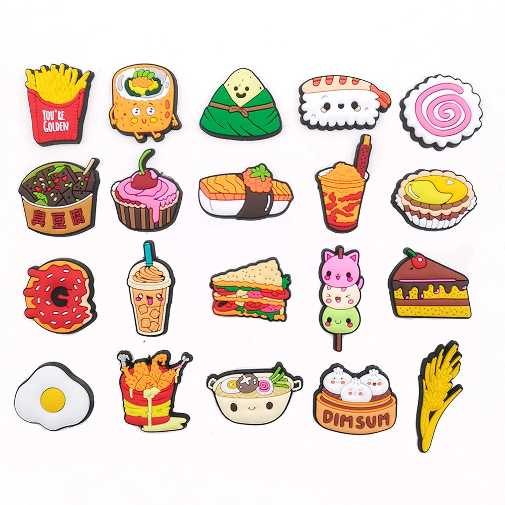 1-20Pcs Food Shoes Charms Buckle Jibz Noodles PVC Fried Chicken Cake Cookies Donuts Shoe Charms for Shoes Decoration Accessories