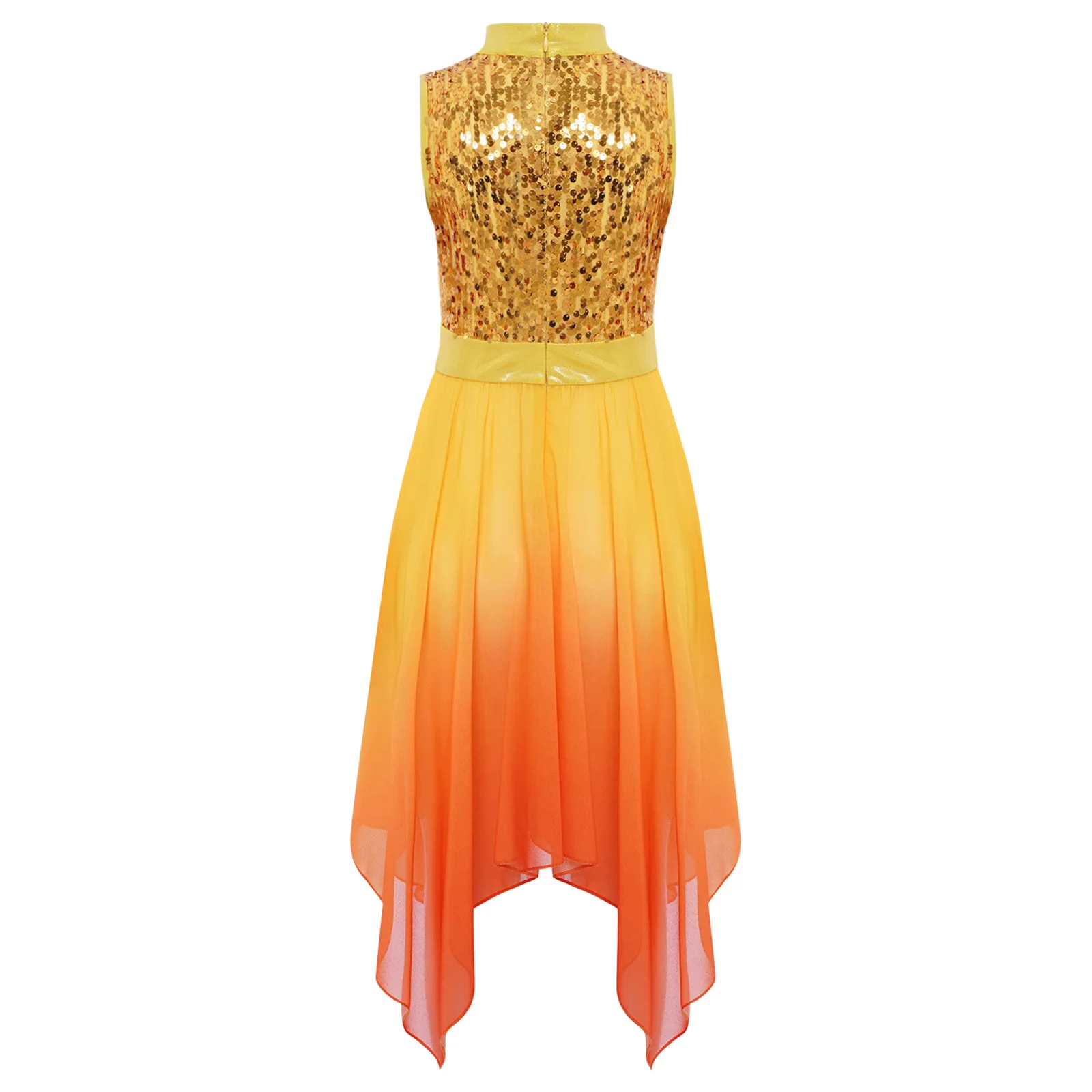 

Kids Girls Worship Praise Lyrical Dance Dress Sleeveless Sequins Bodice Asymmetrical Tunic Dresses for Modern Ballroom Dance