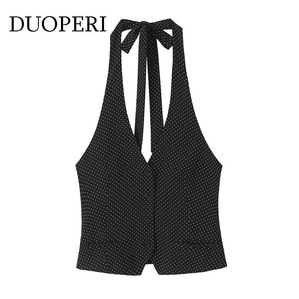

DUOPERI женские модные топы на бретелях с открытой спиной и бантом в горошек, однобортные, с лямкой на шее, без рукавов, женские шикарные женские повседневные топы