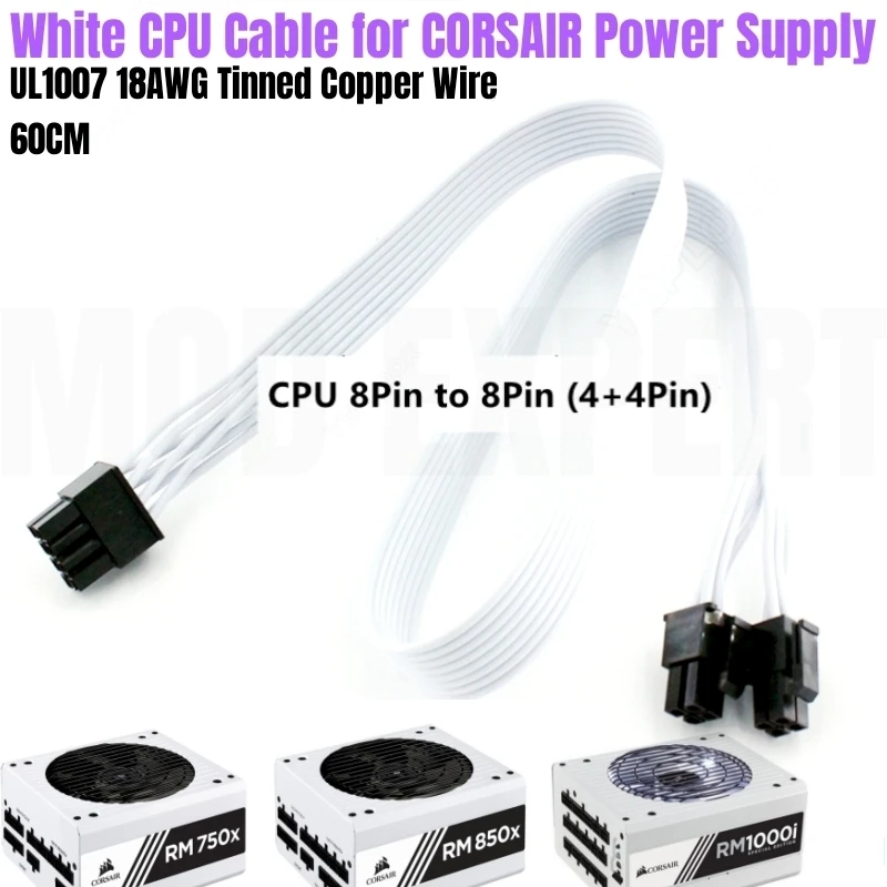 

White EPS/ATX12V 8-PIN (4+4) CPU Power Cable 18AWG 60CM for CORSAIR RM750x RM850x RM750i RM850i RM1000i Modular Power Supply PSU