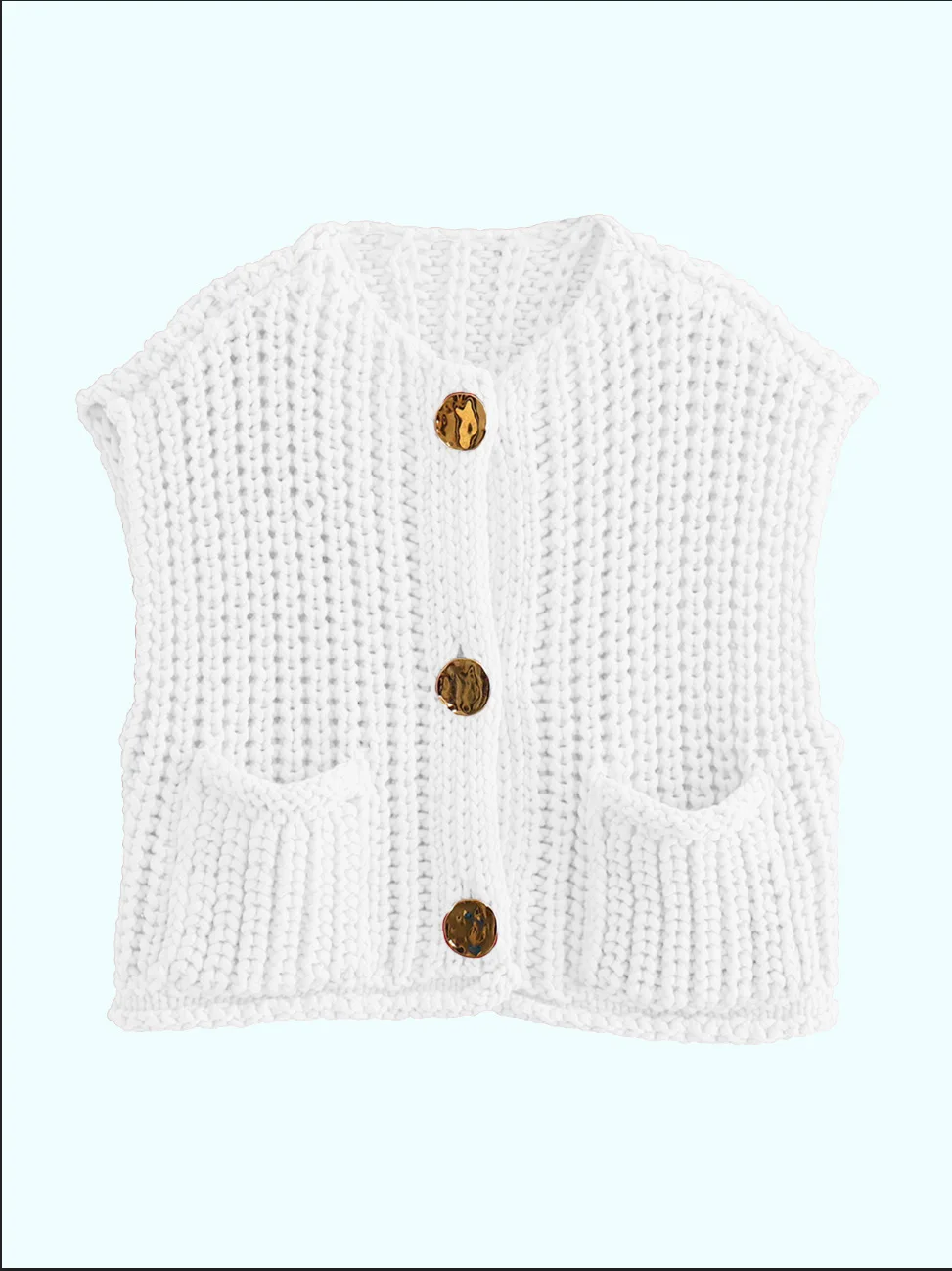 Women\'s Chunky Vest Red Soft Knit Gold Button Pocket Front Sleeveless Cozy Sweater Vest Cardigan Top Street Style Outfit