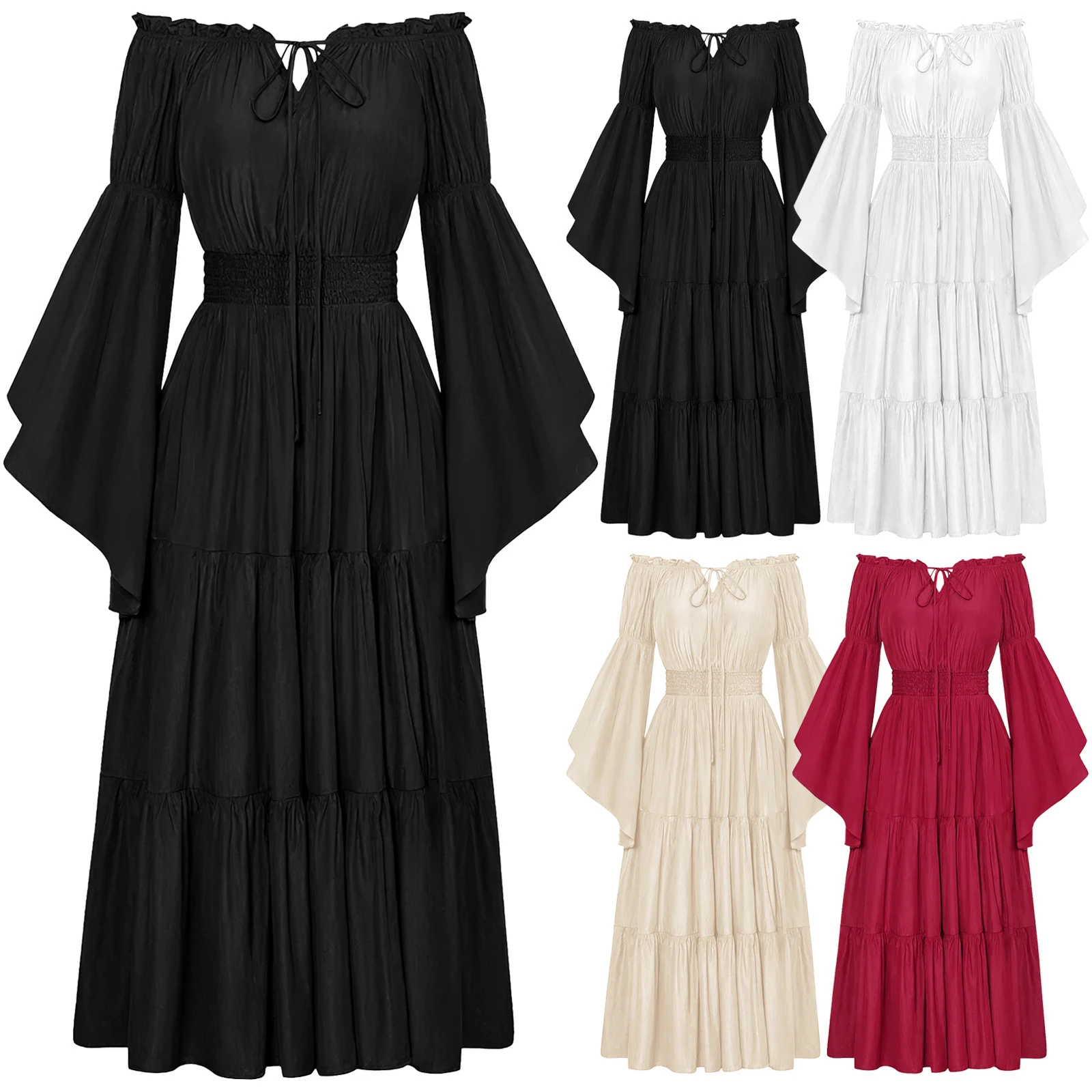 

Renaissance Dress For Women Flare Sleeves Medieval Off Shoulder Elastic High Waist Smocked Dress Elegant Evening Gown Plus Size