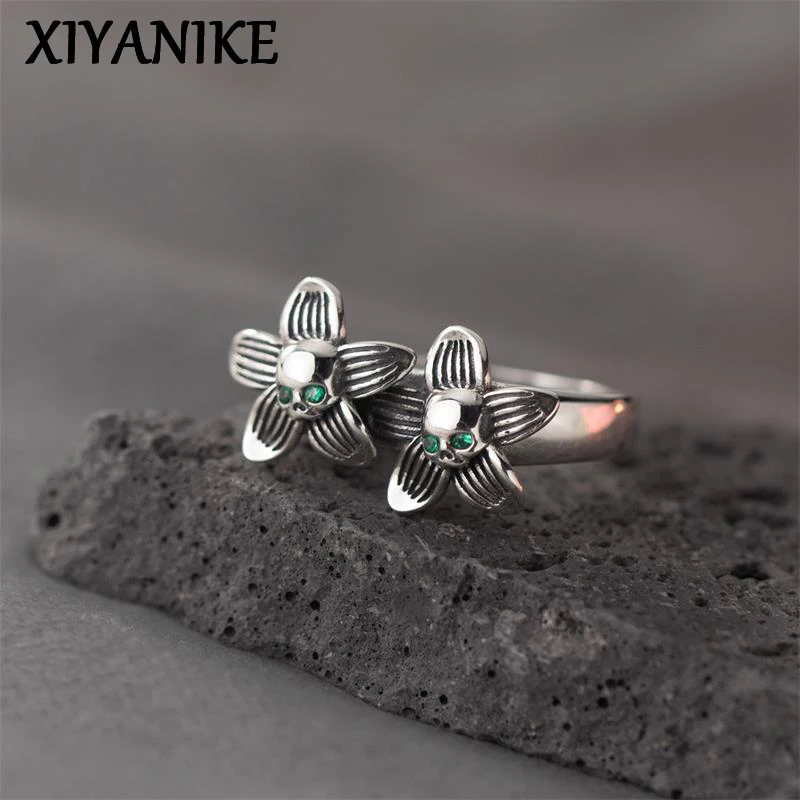 

XIYANIKE Men Women Vintage Thai Silver Skull Five Petal Flower Cuff Rings Hip Hop Fashion New Jewelry Gift Party anillos mujer