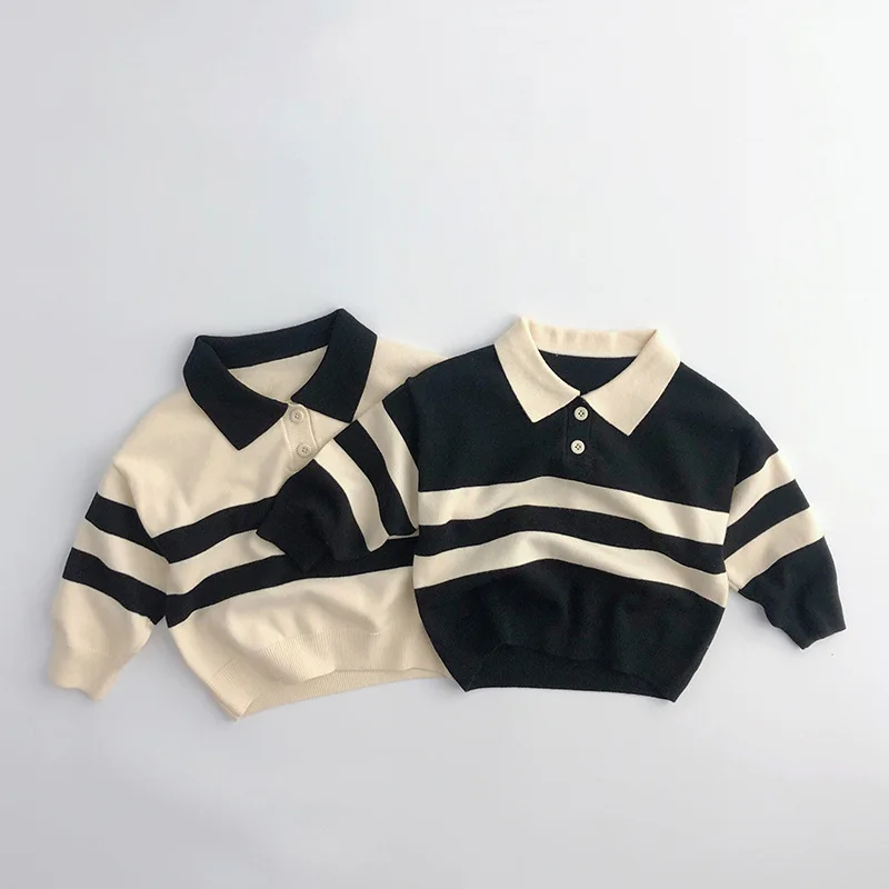 Autumn New Children\'s Sweater Two button striped polo knit sweater Kids Tops Boys fashion loose Knit wear