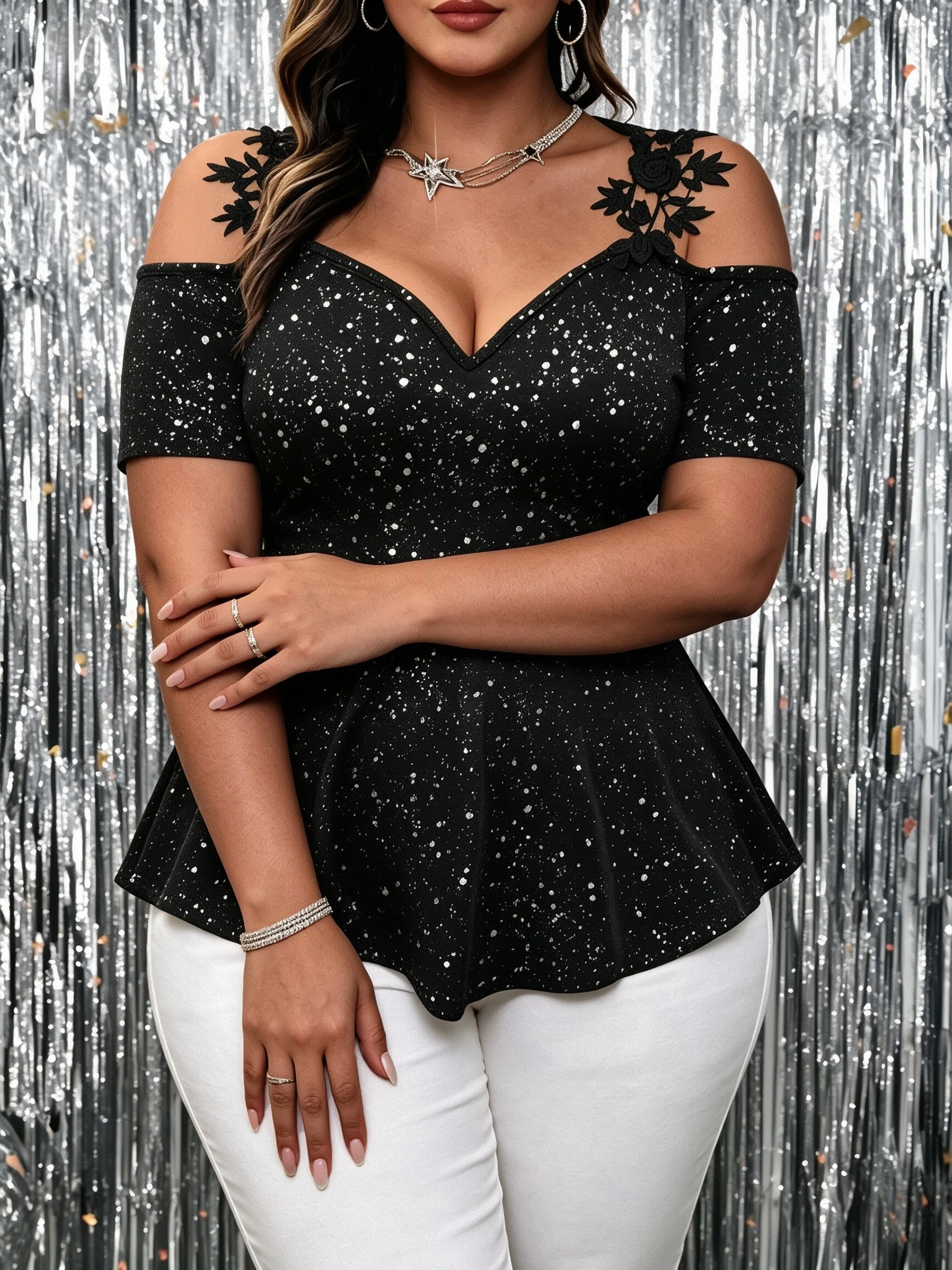 Plus Size Tops Off Shoulder Party Sparkly Glitter Sequin Peplum Blouse Black Lace Floral Women Night Out Summer 2026 3XL 4XL 5XL