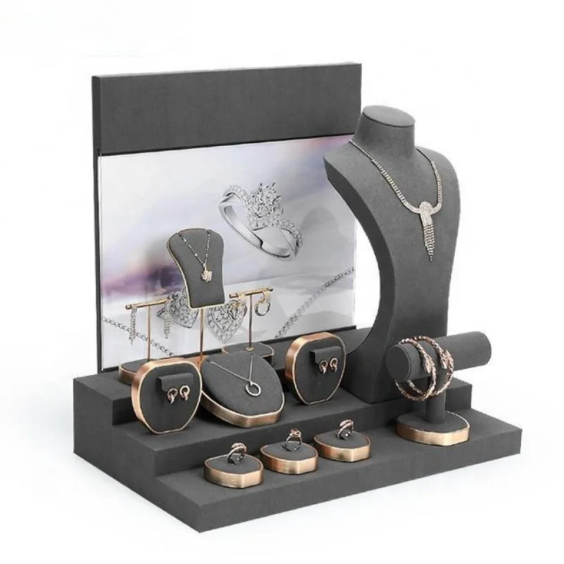 

Custom. vanlocy fashion metal gray jewelry displays for store luxury jewelry display props microfiber jewelry stand display set