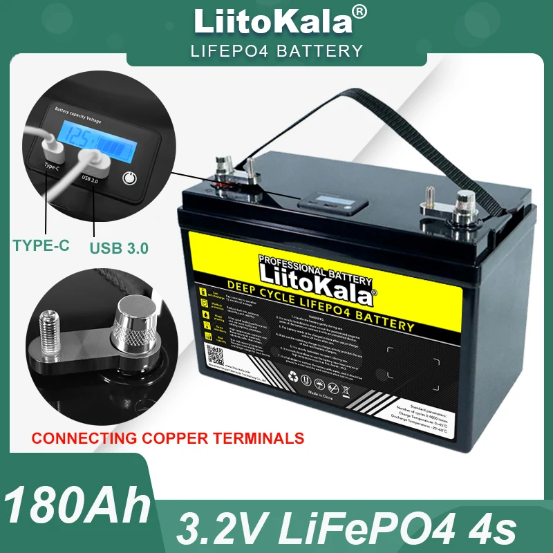 LiitoKala 12.8V/12v 180AH LiFePO4 Battery pack USB 3.0 Type-C Output 4000 Cycles for RV Touring car Solar Batteries Tax Free