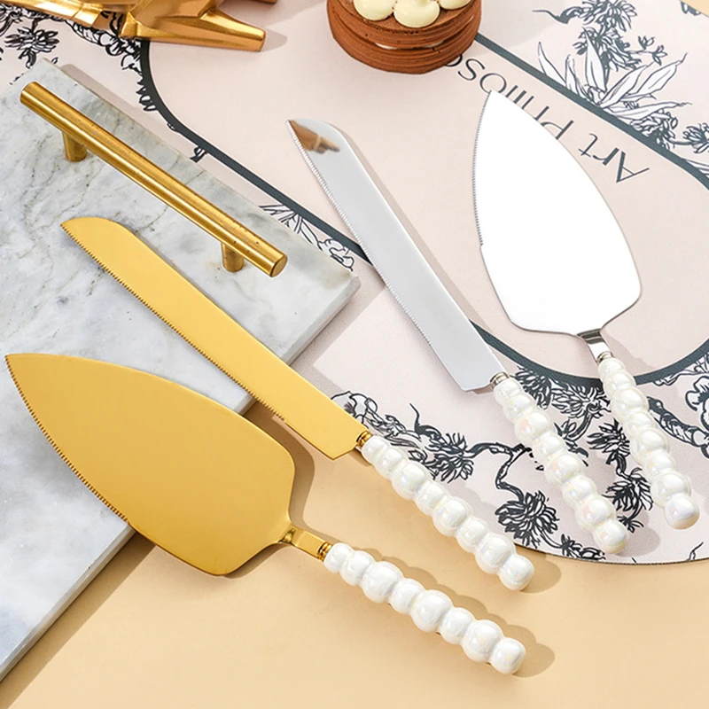 Creative Pearl Ceramic Handle Cake Knife and Spatula Set Steel Stainless Cheese Slicer Pizza Knife Dessert Fork
