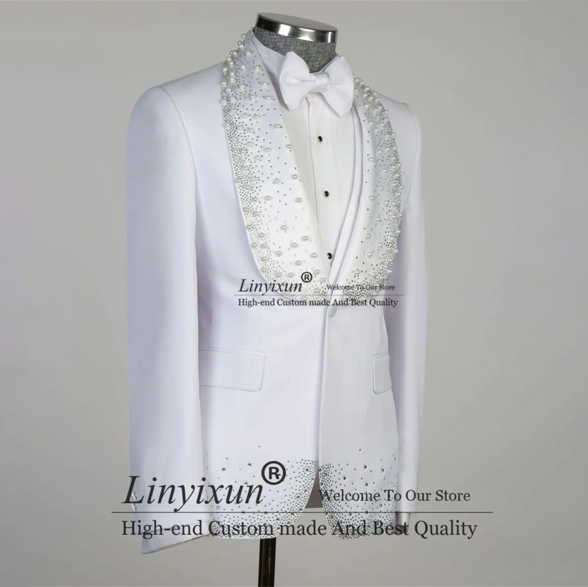 Luxury Beaded Pearl Tuxedo For Groom Wedding Men Suits 3 Pieces Sets Party Prom Blazers Slim Fit Fashion Dinner Ropa Hombre