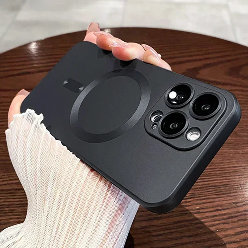 Luxury Magnetic Wireless Charging Phone Case For iPhone16 15 14 13 12 11 Pro Max Soft Silicone Glass Lens Protection Cover