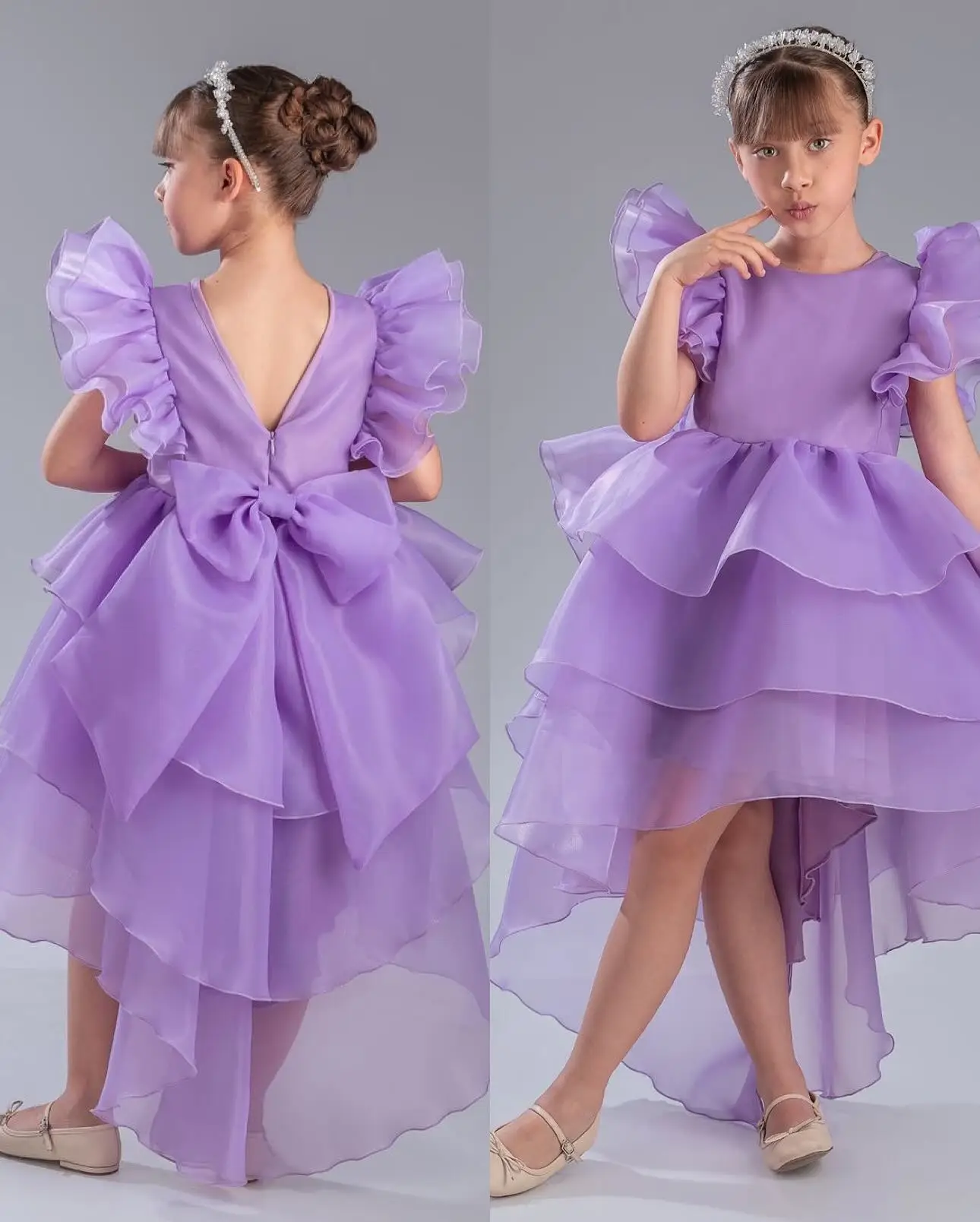 세련된 부드러운 오간자 공주 꽃 소녀 드레스 사랑스러운 플라잉 슬리브 보우 러플 투투 드레스 화려한 생일 파티 볼 가운