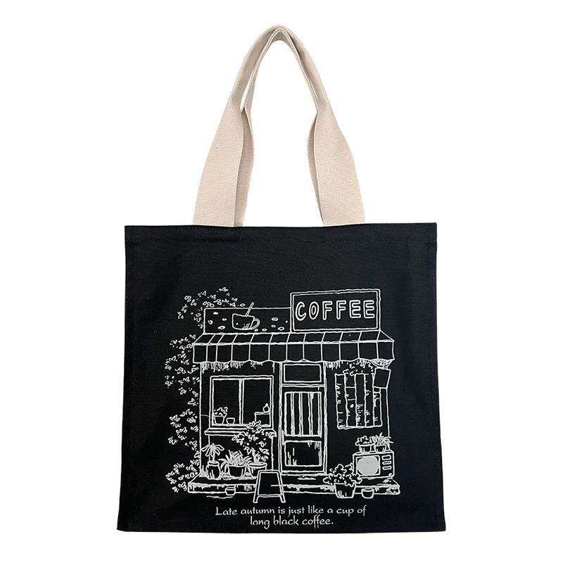 Women Canvas Shoulder Bag Coffee House Shopping Bags Black Thick Cotton Purse Student Books Tote Female Shopper Cloth Handbag