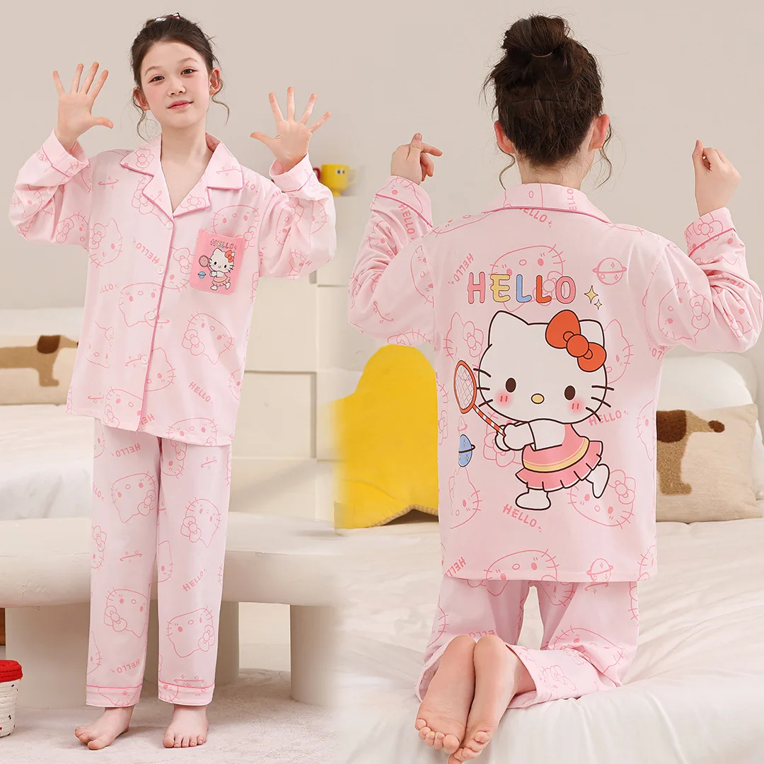 

Детский пижамный комплект Hello Kitty Kawaii для девочек, весенне-осенний, с отложным воротником, длинными рукавами и брюками, милый домашний костюм, подарок
