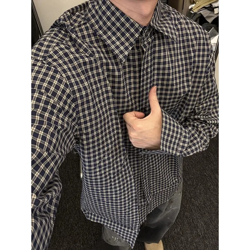 Black White Checkered Cleanfit Turn-down Shirt For Men Spring Autumn American Style Plaid Long Sleeve Shirt