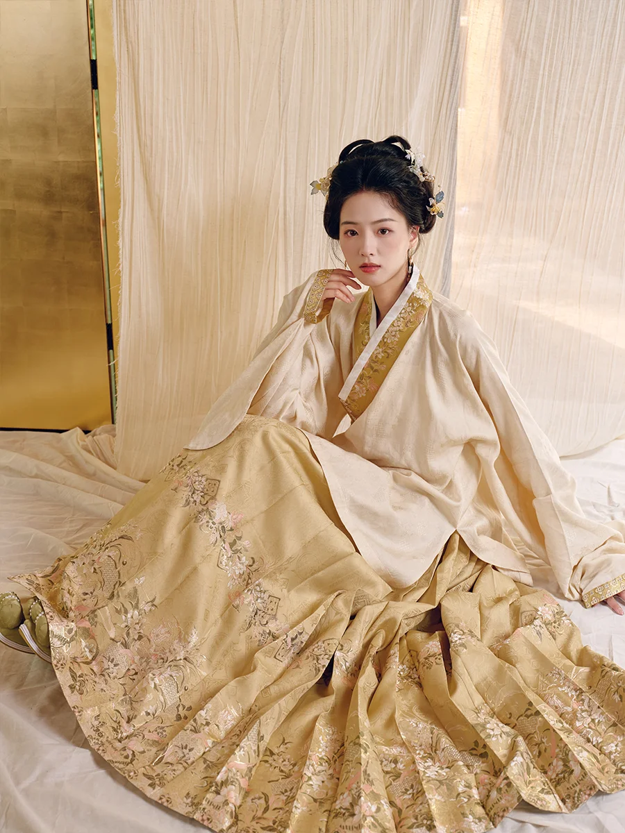 

FengJianLin Original Ming Dynas Hanfu Women's ort Coat And Golden Tail Skirt National Sle f Curtain Mist