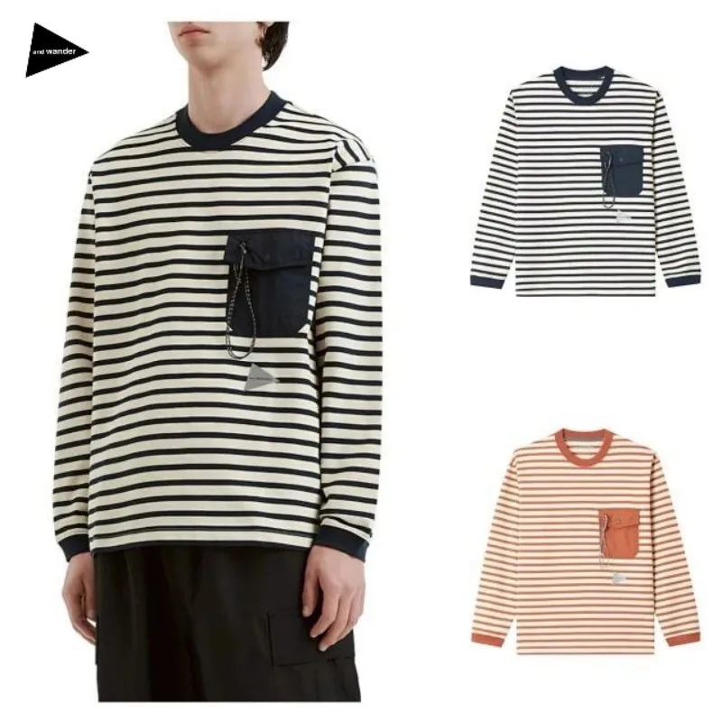 And Wander Striped Long Sleeve T Shirt Pocket Carabiner Outdoor Hiking Techwear Top Unisex Men Women Spring Summer Pullover Tee
